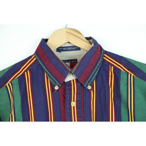 Tommy Hilfiger Mens Medium Button Down Oversize Stripe Embroidered Crest Hip Hop - Picture 2 of 9